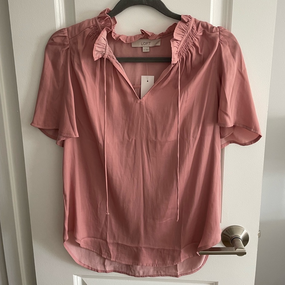 LOFT Dusty Rose Ruffle Tie-Neck Blouse